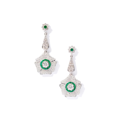 Lot 65 - A pair of emerald and diamond pendent earrings