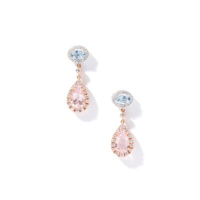 Lot 28 - A pair of diamond, aquamarine and morganite pendent earrings