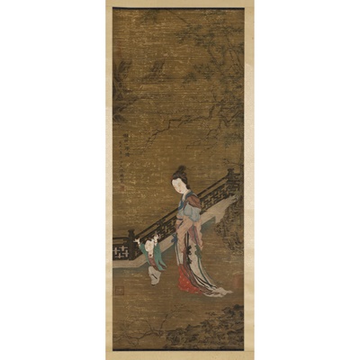Lot 75 - INK SCROLL PAINTING OF LADY AND BOY