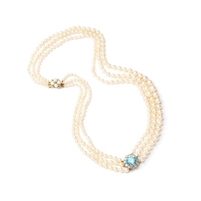 Lot 108 - A cultured pearl, blue zircon and diamond three-strand necklace