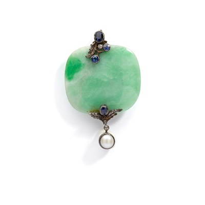 Lot 111 - A jadeite jade, sapphire and diamond pendant