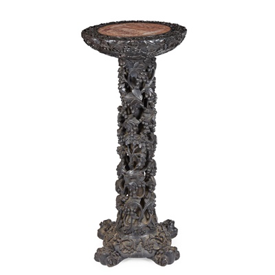 Lot 21 - CARVED HARDWOOD AND MARBLE INLAID PEDESTAL