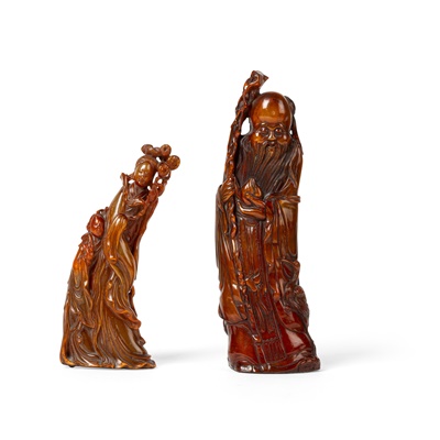 Lot 9 - TWO CARVED BUFFALO HORN DAOIST IMMORTALS