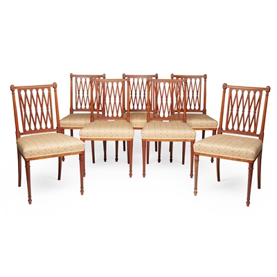 Lot 76 - SET OF SEVEN SATINWOOD LATTICE BACK CHAIRS, BY WRIGHT & MANSFIELD