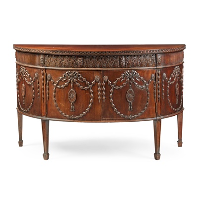 Lot 38 - GEORGE III MAHOGANY DEMILUNE COMMODE, IN THE MANNER OF ROBERT ADAM