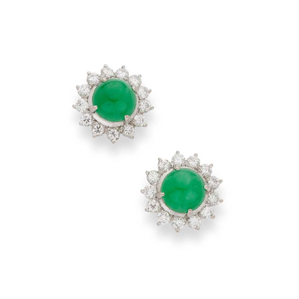 Lot 81 - A pair of jadeite jade and diamond cluster earrings