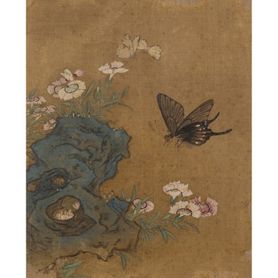 Lot 52 - INK PAINTING OF BUTTERFLIES AND CARNATIONS