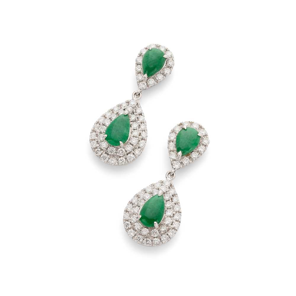 Lot 83 - A pair of jadeite jade and diamond pendent earrings