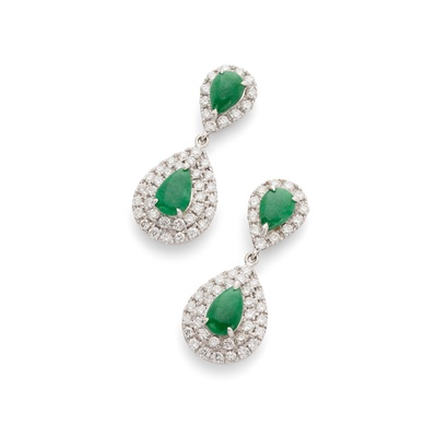 Lot 72 - A pair of jadeite jade and diamond pendent earrings