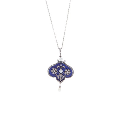 Lot 146 - An early 20th century enamel, diamond and pearl pendant