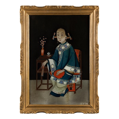 Lot 44 - REVERSE GLASS MIRROR PAINTING OF A LADY