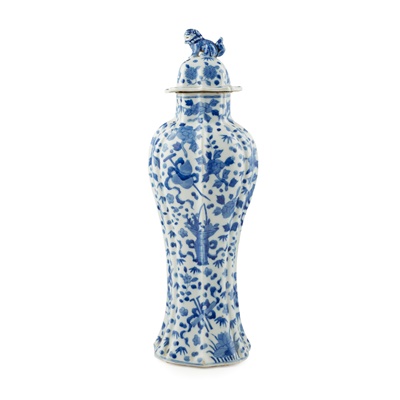 Lot 139 - BLUE AND WHITE 'ANTIQUITIES' FOLIATE VASE WITH COVER