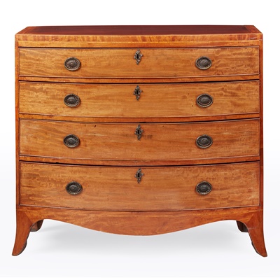 Lot 104 - LATE GEORGE III MAHOGANY AND SATINWOOD BOWFRONT CHEST OF DRAWERS