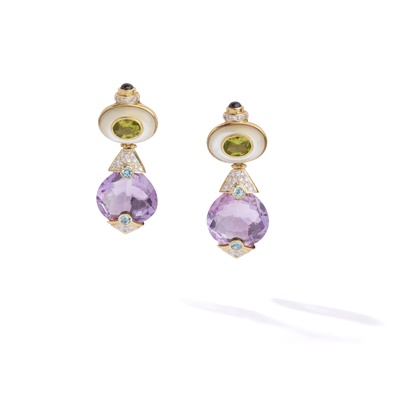 Lot 173 - A pair of gem-set pendent earrings