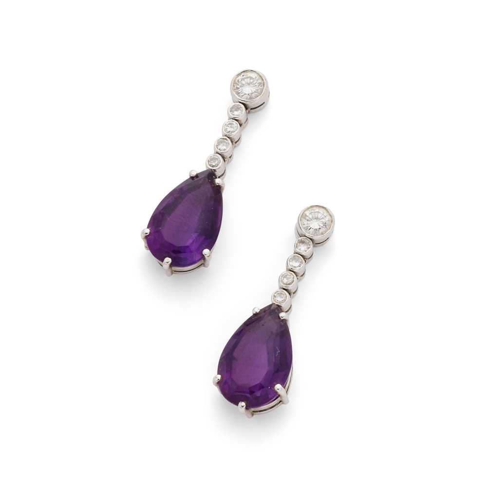 Lot 37 - A pair of amethyst and diamond pendent earrings
