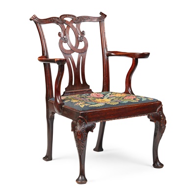 Lot 40 - GEORGE III MAHOGANY ARMCHAIR, IN THE MANNER OF THOMAS CHIPPENDALE