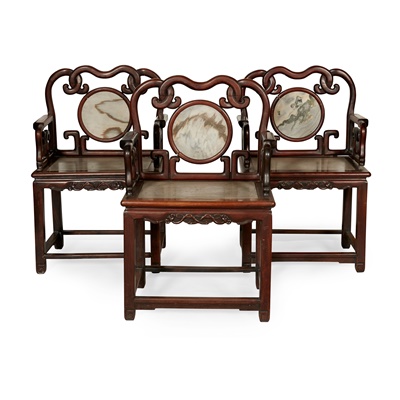 Lot 23 - [A PRIVATE SCOTTISH COLLECTION, EDINBURGH] THREE HARDWOOD ARMCHAIRS WITH MARBLE INSETS