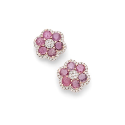 Lot 137 - A pair of ruby and diamond cluster earrings