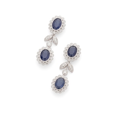 Lot 185 - A pair of sapphire and diamond pendent earrings