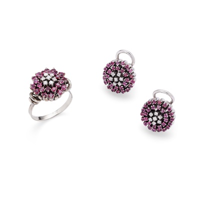 Lot 135 - A pair of ruby and diamond cluster earrings and matching ring