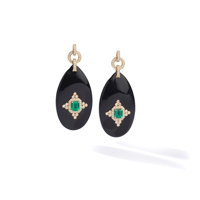 Lot 155 - A pair of onyx, emerald and diamond earrings