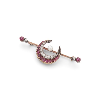 Lot 5 - A ruby, diamond and pearl crescent bar brooch