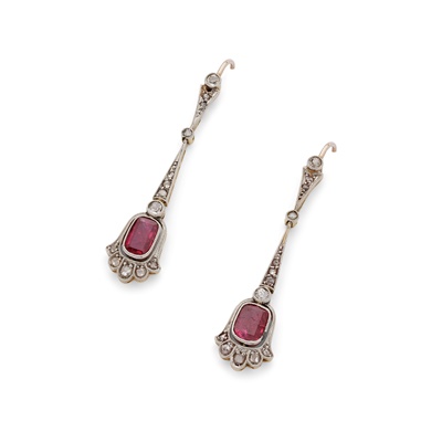 Lot 6 - A pair of ruby and diamond pendent earrings