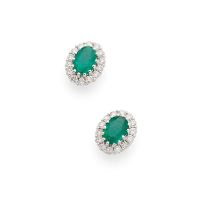 Lot 178 - A pair of emerald and diamond cluster earrings