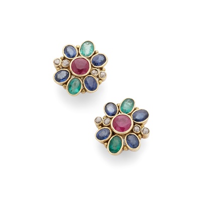 Lot 165 - A pair of multi-gem cluster earrings