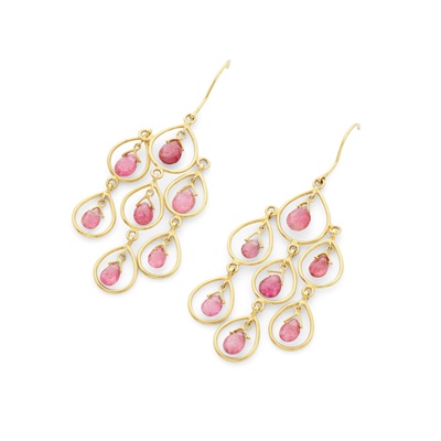 Lot 113 - A pair of pink tourmaline pendent earrings