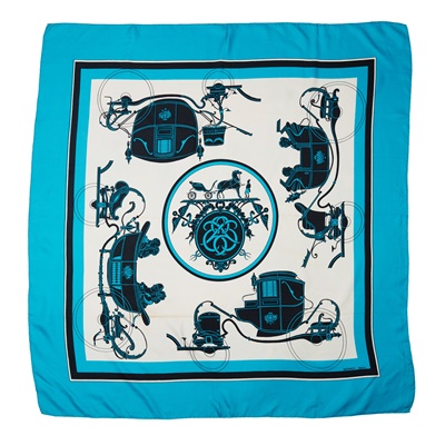 Lot 63 - Hermès: A turquoise 'Carriages' scarf