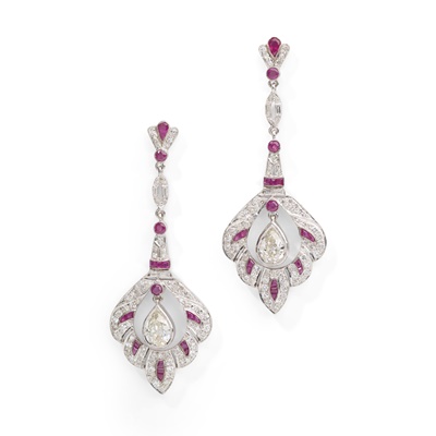 Lot 91 - A pair of diamond and ruby pendent earrings