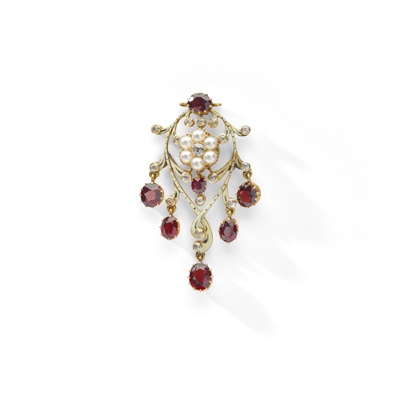 Lot 54 - Mrs Newman: A garnet, diamond and enamel pendant, circa 1900