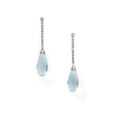 Lot 22 - A pair of aquamarine and diamond earrings
