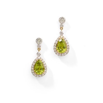 Lot 35 - A pair of peridot and diamond earrings