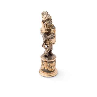 Lot 141 - A CONTINENTAL FIGURAL SILVER, GOLD AND AMETHYST DESK SEAL, CIRCA 1850