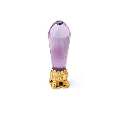 Lot 123 - AN EARLY 19TH CENTURY AMETHYST, BLOODSTONE AND GOLD DESK SEAL, CIRCA 1815
