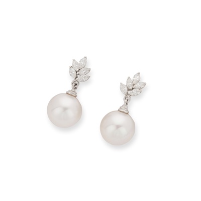 Lot 52 - A pair of pearl and diamond earrings