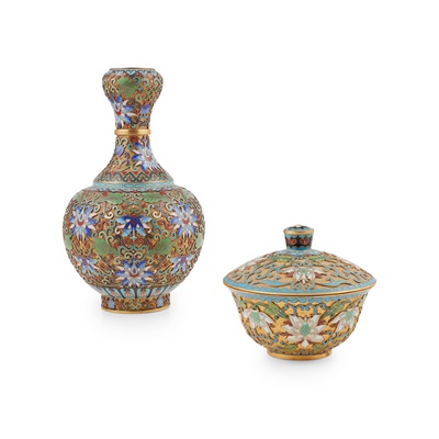 Lot 43 - TWO GILT-BRONZE, CLOISONNE AND CHAMPLEVE ENAMEL WARES