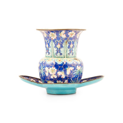 Lot 45 - CANTON ENAMEL BLUE-GROUND VASE WITH STAND, ZHADOU