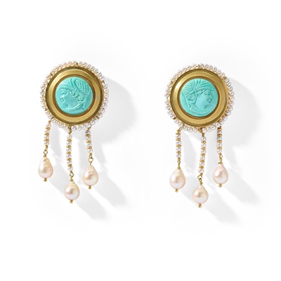 Lot 5 - Giovanni Manetti: A pair of turquoise and cultured pearl earrings