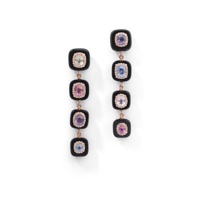 Lot 78 - A pair of coloured sapphire, diamond and onyx earrings