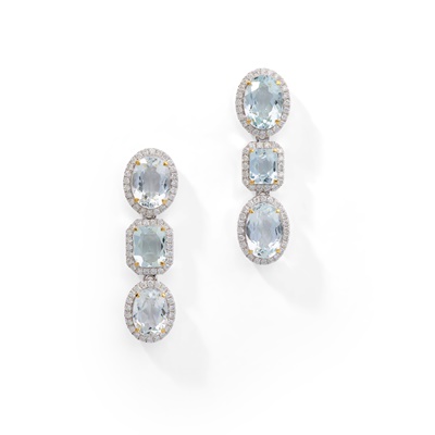 Lot 20 - A pair of aquamarine and diamond earrings