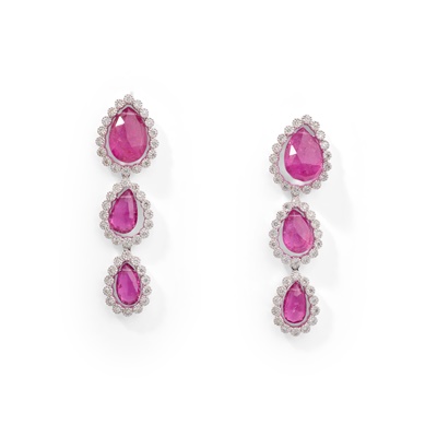 Lot 53 - A pair of pink tourmaline and diamond earrings