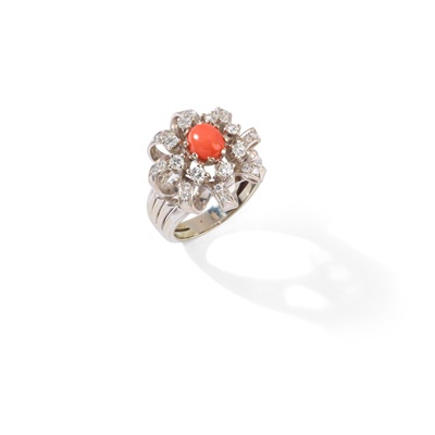 Lot 90 - A mid-20th century coral and diamond dress ring