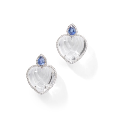Lot 30 - A pair of rock crystal, sapphire and diamond earrings, by Fei Liu