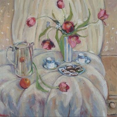 Lot 118 - LAURA HARRISON STILL LIFE WITH TULIPS Signed,...