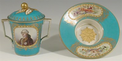 Lot 75 - A late 19th century Sevres trembleuse twin handled cup, cover and stand