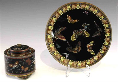 Lot 150 - A Japanese cloisonne black ground cylindrical inkwell and cover, Meiji period