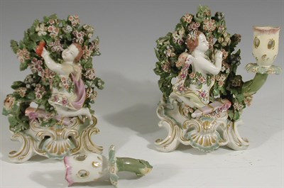 Lot 21 - A pair of Derby cherub bocage figural candlesticks